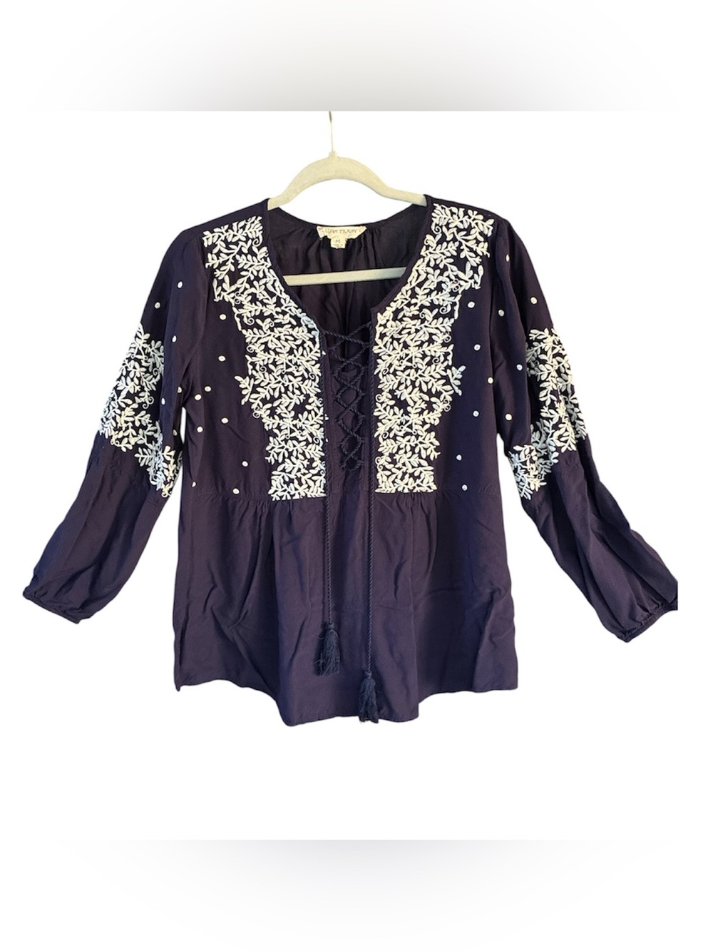Luna moon Navy Embroidered Lace-Up Boho blouse
